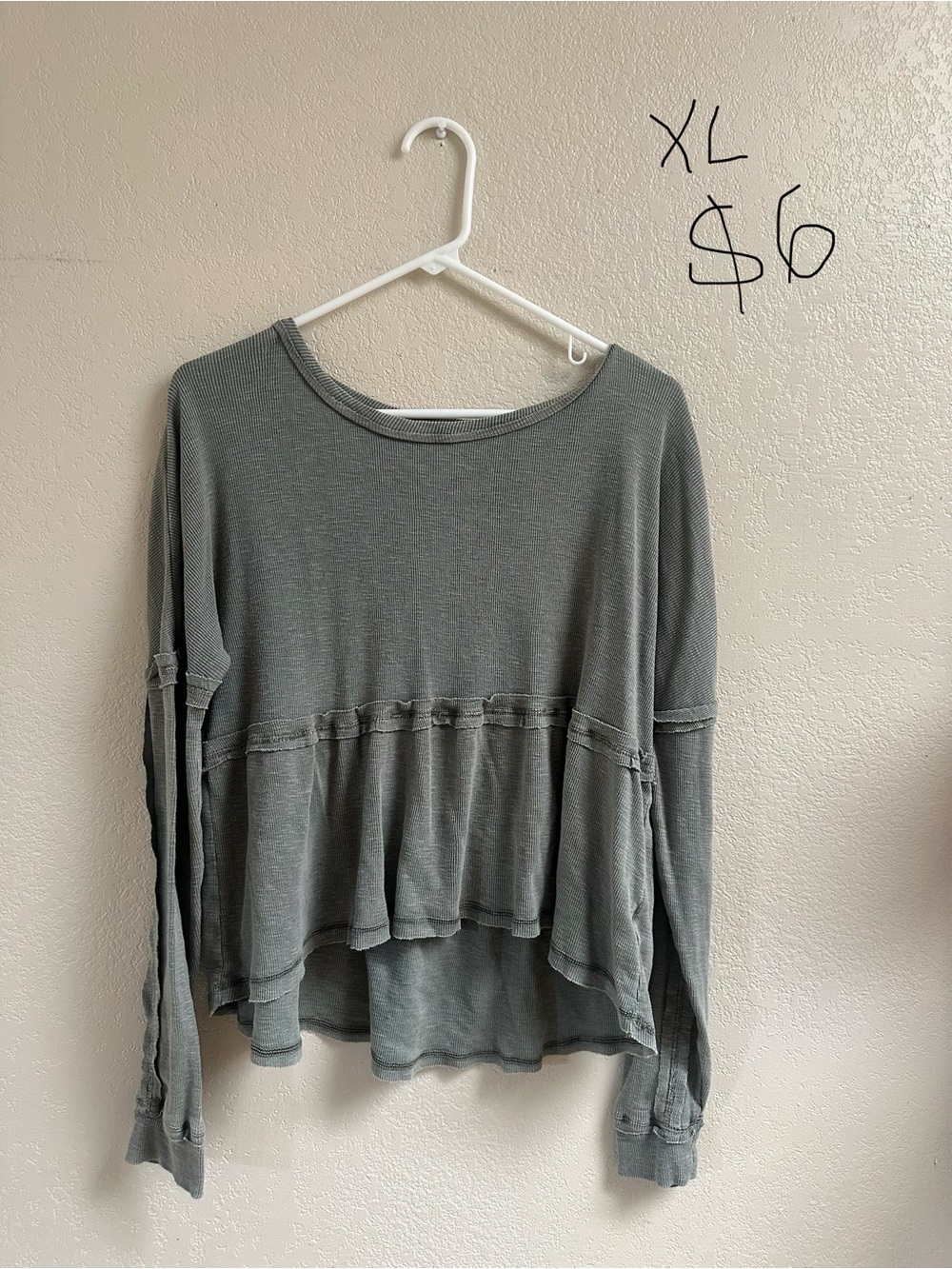 Women's Long Sleeve Ruffle Hem Top - Sage Green